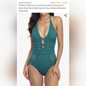 NWT crochet swimsuit sz L teal one piece high waist